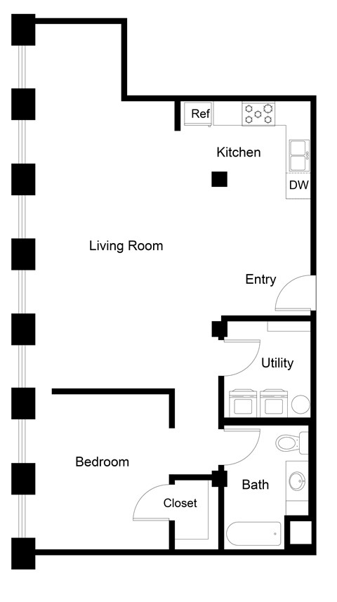 Floor plan for 1 bed, 1 bath, 950 sqft